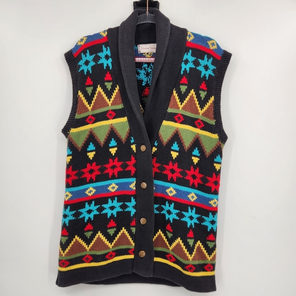 Sharon Young Multicolor Knit Sweater Vest Womens Size Medium Cotton Vtg